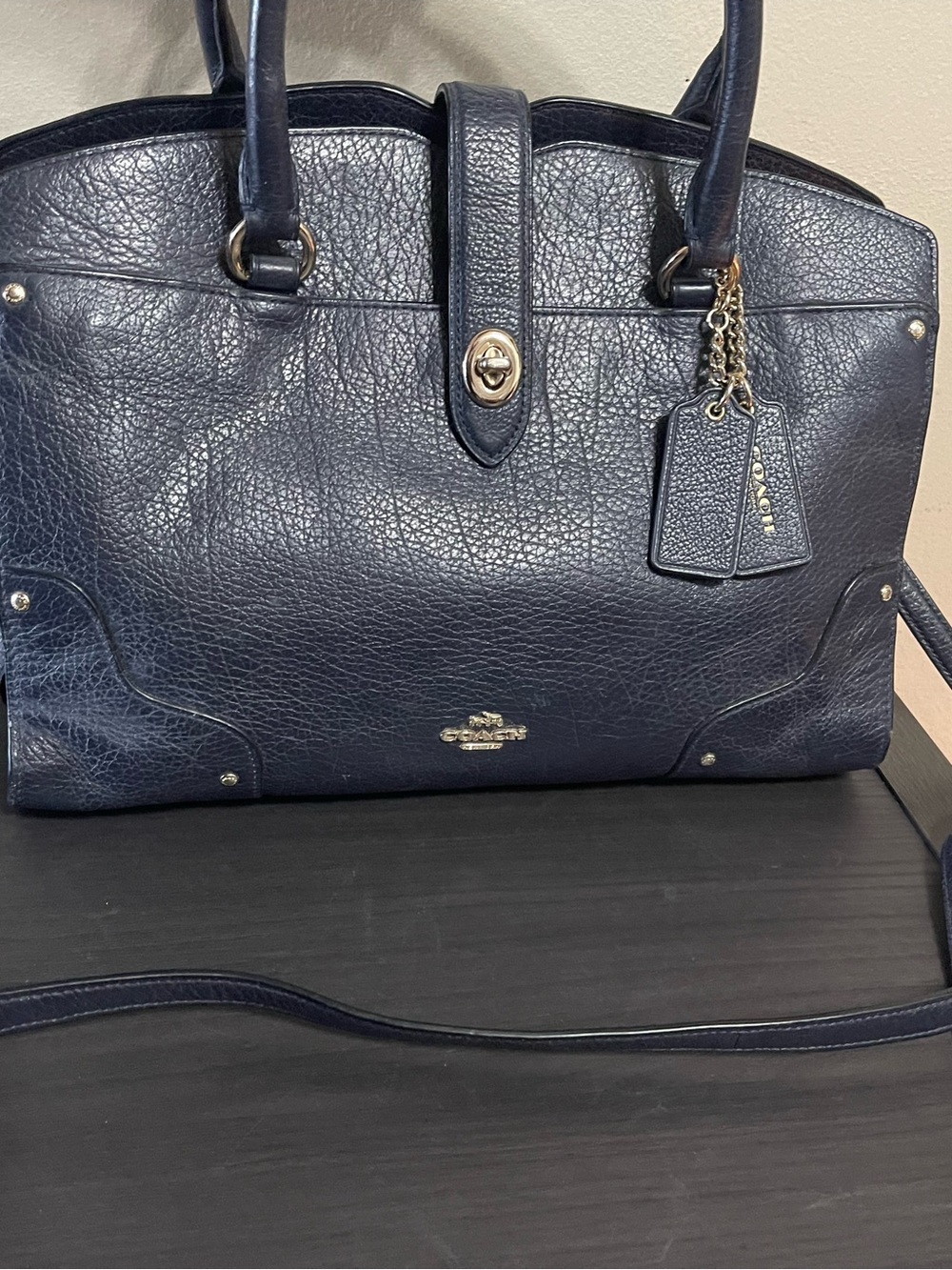 Coach Navy Pebbled Leather Satchel with Gold Hardware and Detachable Strap